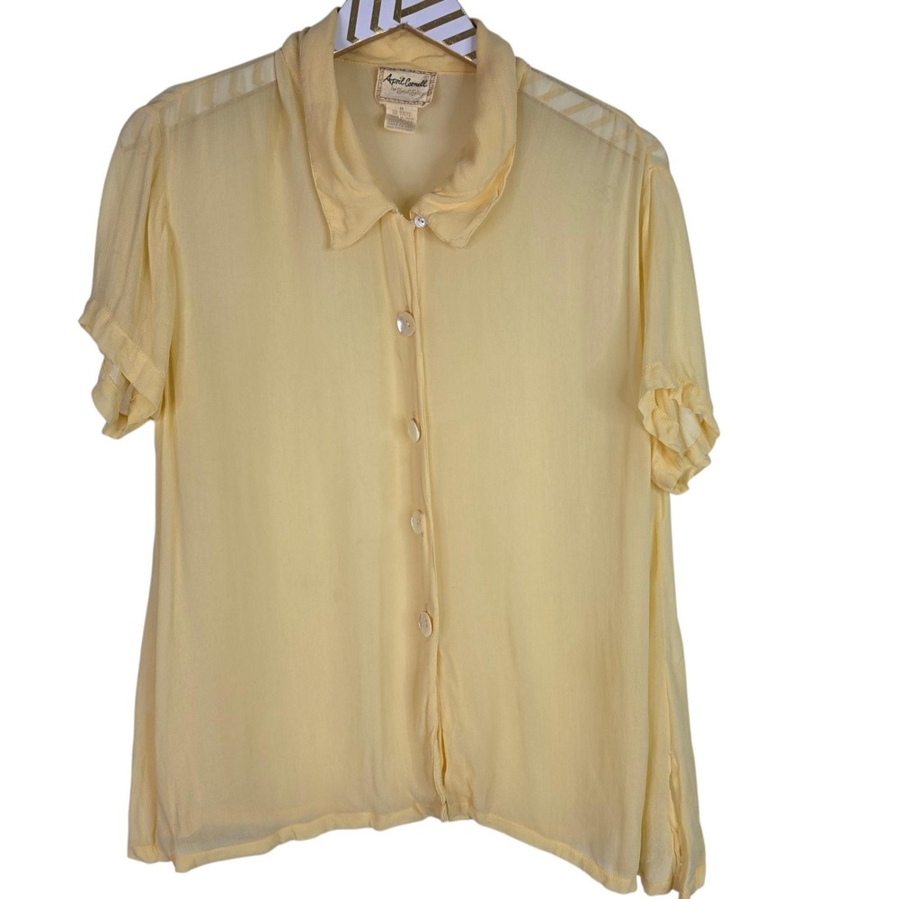 April Cornell Shirt Womens Medium Yellow Sheer Rayon Flutter Sleeve Button Top